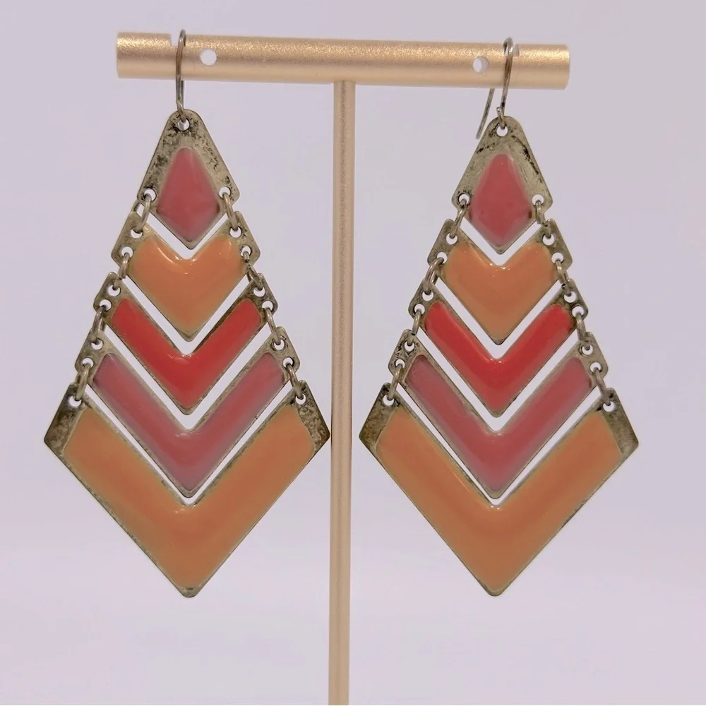 Vintage Enamel Geometric Chevron Dangle Earrings Red Pink Orange